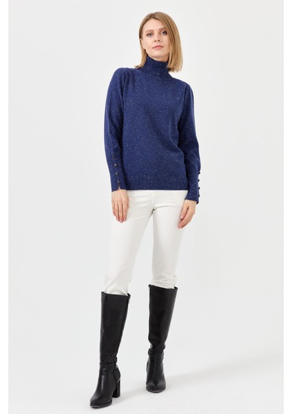 Kadın Tam Balıkçı Yaka Kol Ucu Yırtmaçlı Kazak Lacivert fırsatları