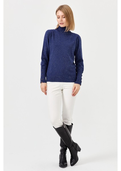 Kadın Tam Balıkçı Yaka Kol Ucu Yırtmaçlı Kazak Lacivert indirimleri