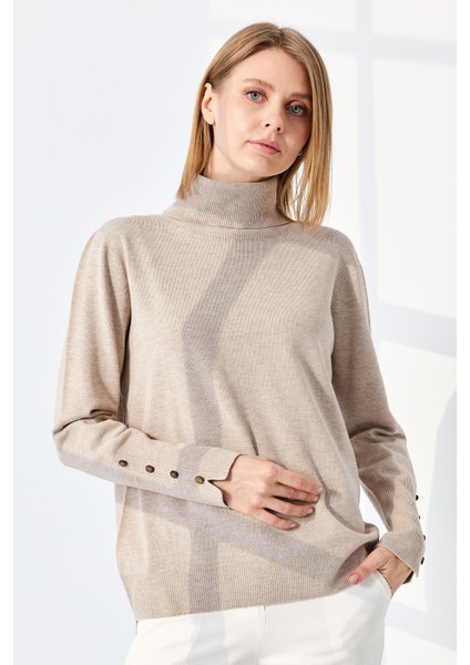 Kadın Tam Balıkçı Yaka Kol Ucu Yırtmaçlı Kazak Bej fiyatları