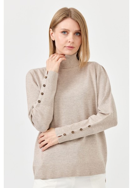 Kadın Tam Balıkçı Yaka Kol Ucu Yırtmaçlı Kazak Bej modelleri