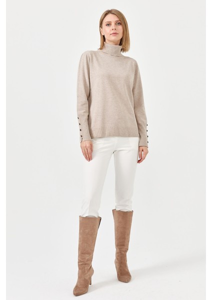 Kadın Tam Balıkçı Yaka Kol Ucu Yırtmaçlı Kazak Bej fırsatları