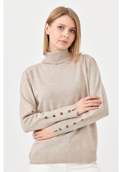 Kadın Tam Balıkçı Yaka Kol Ucu Yırtmaçlı Kazak Bej indirimleri