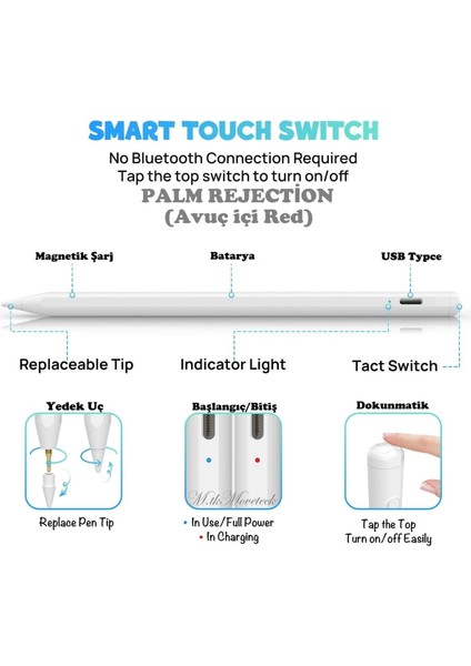 MTK Moveteck Apple Ipad Air 4 ve 5.nesil Eğime Duyarlı Palm Rejection Magnetik Şarj Olabilen Avuç Içi Red Özellikli Kalem