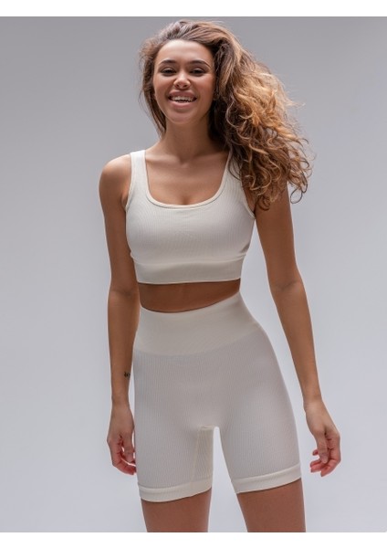 Dublin Biker Örme Kumaş Seamless Model Fitilli Şort Ekru Renk