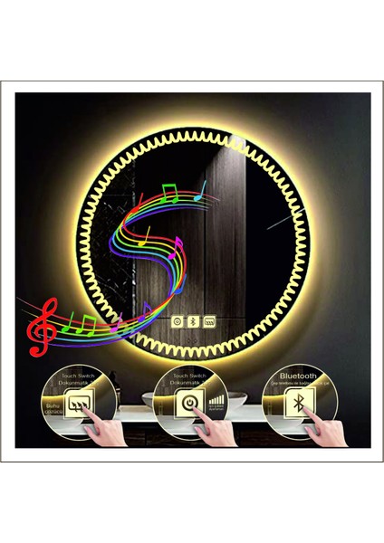 60 cm Günışığı Ledli Tasarım Kumlamalı Dokunmatik Bluetoothlu Buğu Önleyicili Makyaj Banyo Aynası