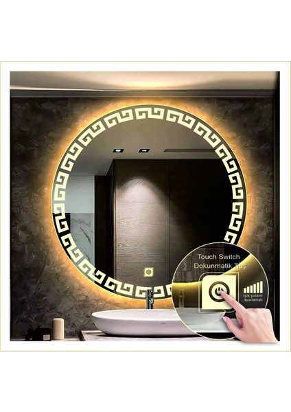 80 cm Beyaz Ledli Tasarım Kumlamalı Dokunmatik Tuşlu Banyo Aynası Makyaj Aynası Işıklı Ayna