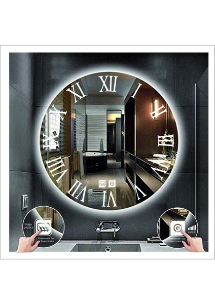 50 cm Beyaz Ledli Tasarım Kumlamalı Dokunmatik Tuşlu Buğu Önleyicili Banyo Aynası Makyaj Aynası