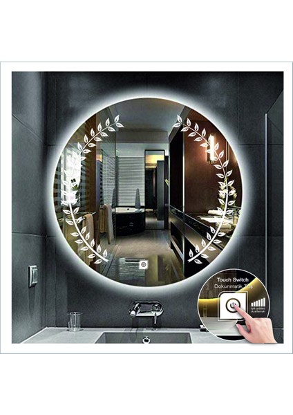 90 cm Beyaz Ledli Tasarım Kumlamalı Dokunmatik Tuşlu Banyo Aynası Makyaj Aynası Işıklı Ayna