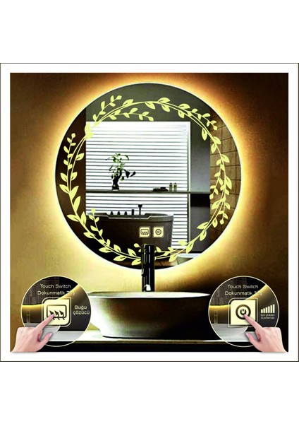 80 cm Günışığı Ledli Tasarım Kumlamalı Dokunmatik Tuşlu Buğu Önleyicili Banyo Aynası Makyaj Aynası modelleri