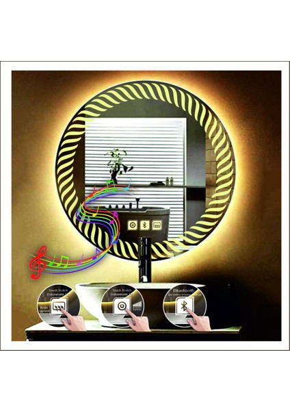 70 cm Günışığı Ledli Tasarım Kumlamalı Dokunmatik Bluetoothlu Buğu Önleyicili Makyaj Banyo Aynası