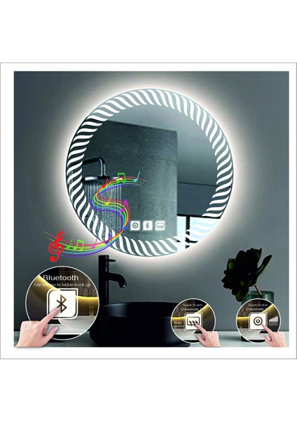 70 cm Günışığı Ledli Tasarım Kumlamalı Dokunmatik Bluetoothlu Buğu Önleyicili Makyaj Banyo Aynası indirimleri