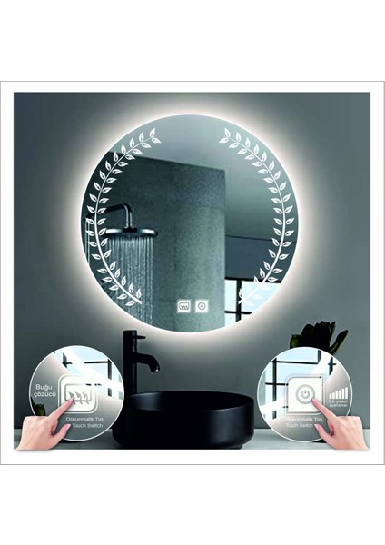 50 cm Günışığı Ledli Tasarım Kumlamalı Dokunmatik Tuşlu Buğu Önleyicili Banyo Aynası Makyaj Aynası