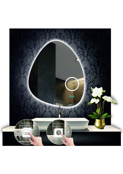 80 cm Çapında Buğu Çözücülü Dokunmatik Ledli Makyaj Aynalı Asimetrik Banyo Aynası LED Işıklı