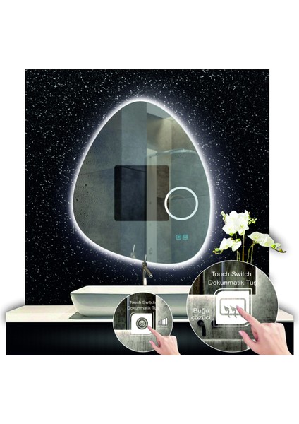 80 cm Çapında Buğu Çözücülü Dokunmatik Ledli Makyaj Aynalı Asimetrik Banyo Aynası LED Işıklı fiyatları