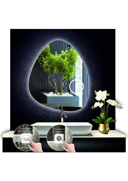 80 cm Çapında Buğu Çözücülü Dokunmatik Ledli Makyaj Aynalı Asimetrik Banyo Aynası LED Işıklı modelleri