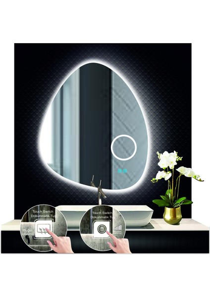 80 cm Çapında Buğu Çözücülü Dokunmatik Ledli Makyaj Aynalı Asimetrik Banyo Aynası LED Işıklı fırsatları