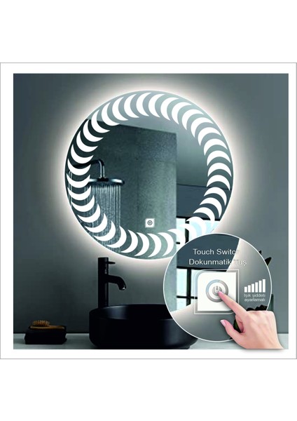 50 cm Günışığı Ledli Tasarım Kumlamalı Dokunmatik Tuşlu Banyo Aynası Makyaj Aynası Işıklı Ayna