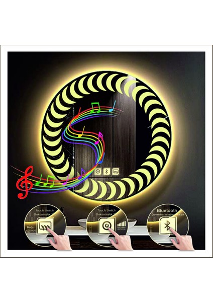 70 cm Günışığı Ledli Tasarım Kumlamalı Dokunmatik Bluetoothlu Buğu Önleyicili Makyaj Banyo Aynası