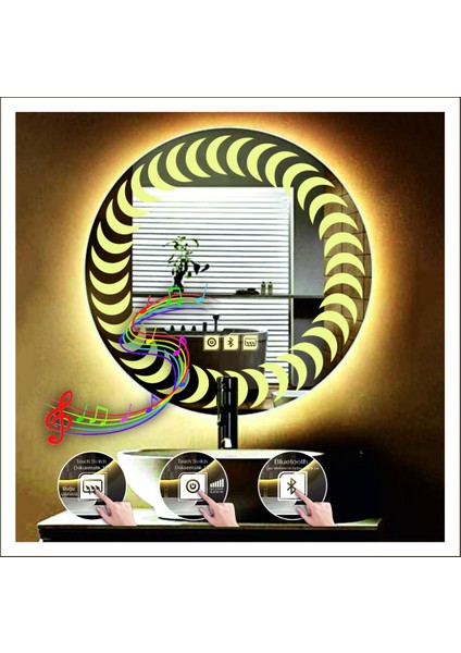 70 cm Günışığı Ledli Tasarım Kumlamalı Dokunmatik Bluetoothlu Buğu Önleyicili Makyaj Banyo Aynası modelleri