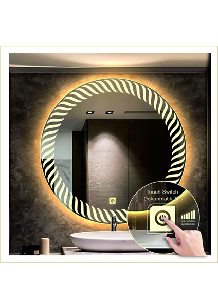80 cm Günışığı Ledli Tasarım Kumlamalı Dokunmatik Tuşlu Banyo Aynası Makyaj Aynası Işıklı Ayna