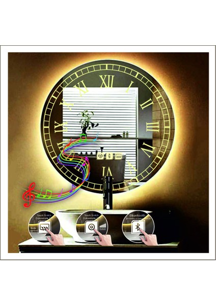 80 cm Günışığı Ledli Tasarım Kumlamalı Dokunmatik Bluetoothlu Buğu Önleyicili Makyaj Banyo Aynası modelleri