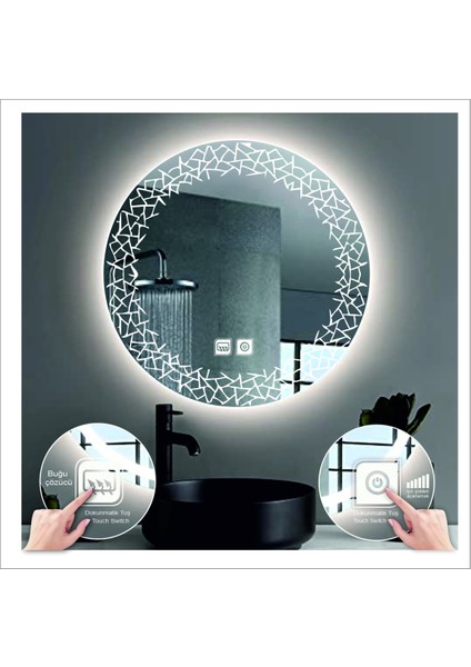 70 cm Beyaz Ledli Tasarım Kumlamalı Dokunmatik Tuşlu Buğu Önleyicili Banyo Aynası Makyaj Aynası fiyatları