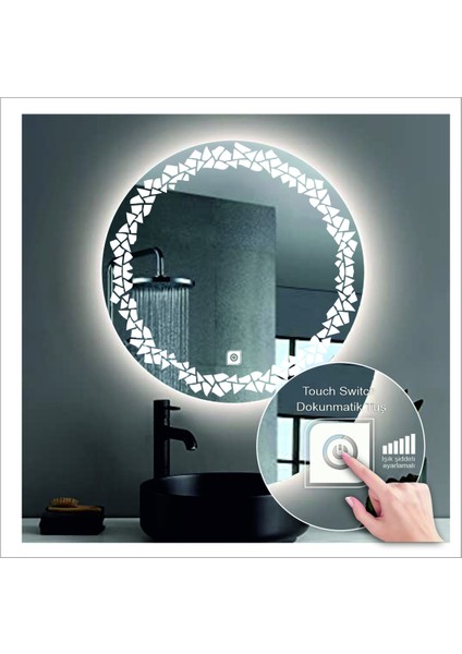 80 cm Beyaz Ledli Tasarım Kumlamalı Dokunmatik Tuşlu Banyo Aynası Makyaj Aynası Işıklı Ayna