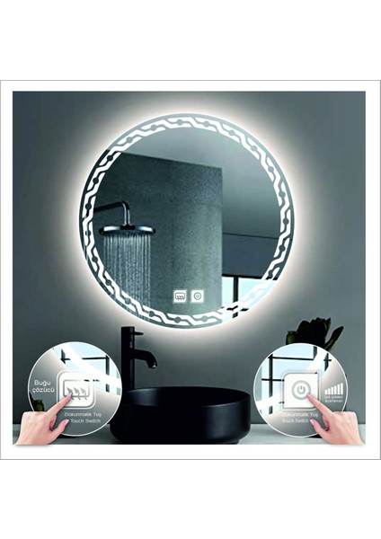 60 cm Beyaz Ledli Tasarım Kumlamalı Dokunmatik Tuşlu Buğu Önleyicili Banyo Aynası Makyaj Aynası fiyatları