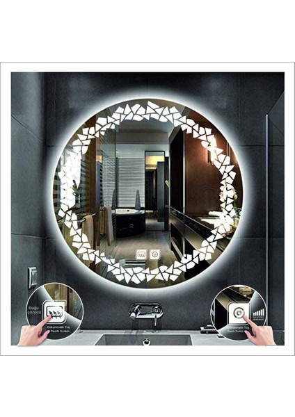 60 cm Günışığı Ledli Tasarım Kumlamalı Dokunmatik Tuşlu Buğu Önleyicili Banyo Aynası Makyaj Aynası