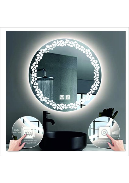 60 cm Günışığı Ledli Tasarım Kumlamalı Dokunmatik Tuşlu Buğu Önleyicili Banyo Aynası Makyaj Aynası