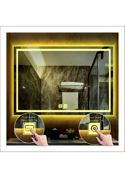 70X90 cm Günışığı Ledli Tasarım Kumlamalı Dokunmatik Tuşlu Buğu Önleyicili Banyo Aynası