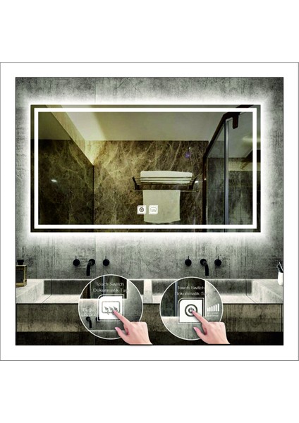 70X90 cm Günışığı Ledli Tasarım Kumlamalı Dokunmatik Tuşlu Buğu Önleyicili Banyo Aynası