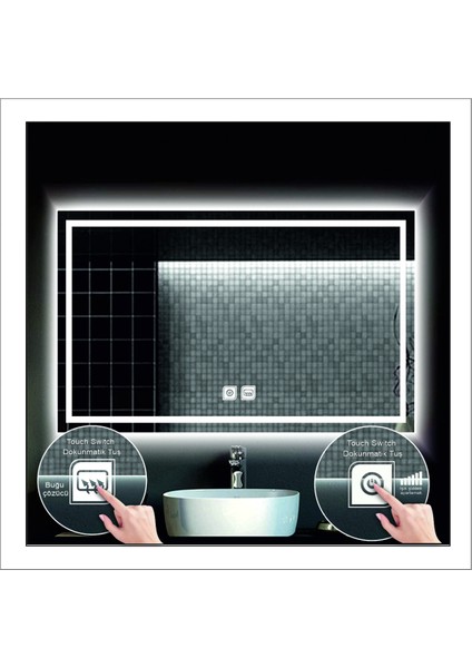 70X90 cm Günışığı Ledli Tasarım Kumlamalı Dokunmatik Tuşlu Buğu Önleyicili Banyo Aynası