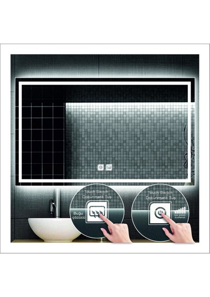 70X90 cm Günışığı Ledli Tasarım Kumlamalı Dokunmatik Tuşlu Buğu Önleyicili Banyo Aynası