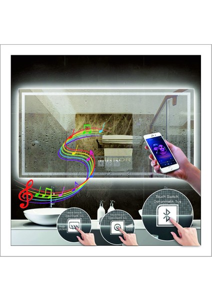 65X90 cm Beyaz Ledli Tasarım Kumlamalı Dokunmatik Bluetoothlu Buğu Önleyicili Makyaj Banyo Aynası