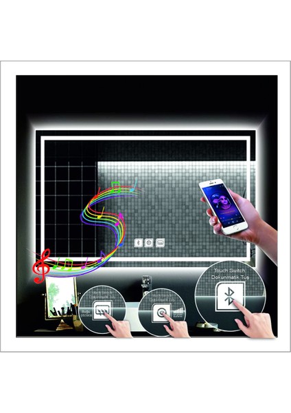 65X90 cm Beyaz Ledli Tasarım Kumlamalı Dokunmatik Bluetoothlu Buğu Önleyicili Makyaj Banyo Aynası