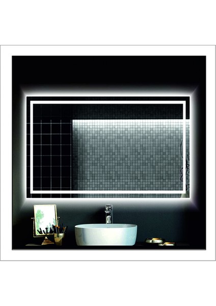 65X90 cm Günışığı Ledli Tasarım Kumlamalı Banyo Aynası Makyaj Aynası Işıklı Ayna