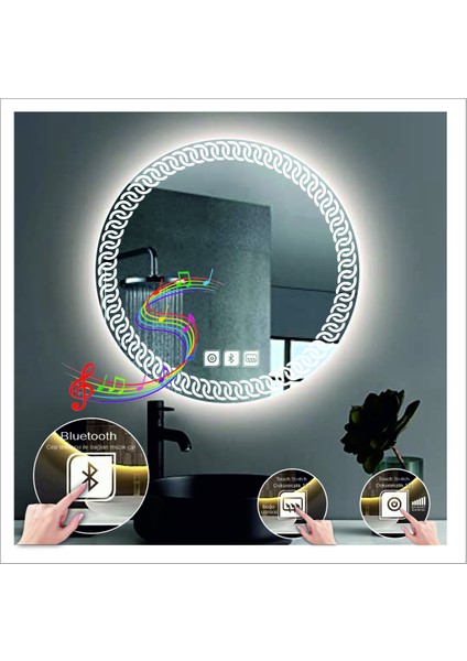 60 cm Beyaz Ledli Tasarım Kumlamalı Dokunmatik Bluetoothlu Buğu Önleyicili Banyo Aynası Makyaj Ayna fiyatları