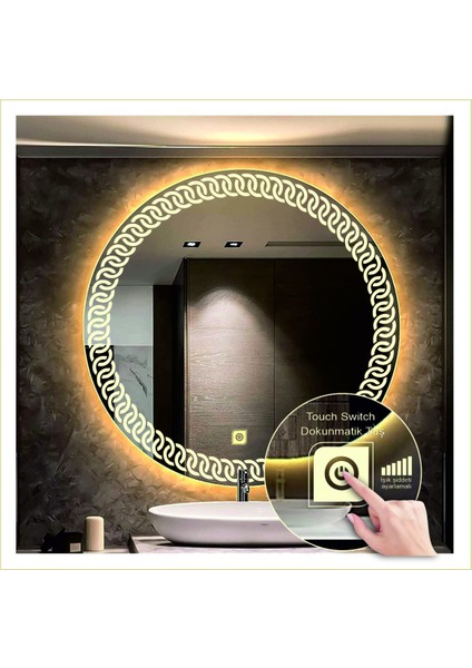 55 cm Günışığı Ledli Tasarım Kumlamalı Dokunmatik Tuşlu Banyo Aynası Makyaj Aynası Işıklı Ayna
