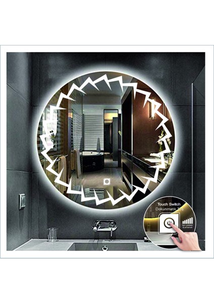 70 cm Beyaz Ledli Tasarım Kumlamalı Dokunmatik Tuşlu Banyo Aynası Makyaj Aynası Işıklı Ayna