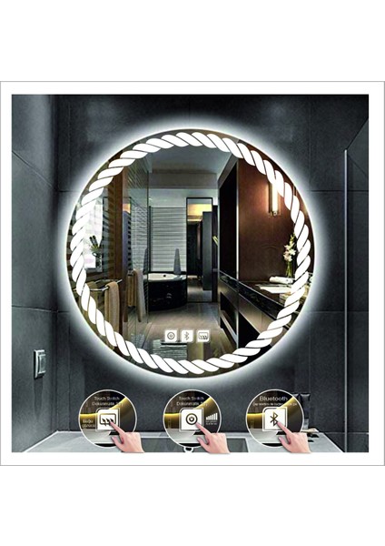 90 cm Beyaz Ledli Tasarım Kumlamalı Dokunmatik Bluetoothlu Buğu Önleyicili Banyo Aynası Makyaj Ayna