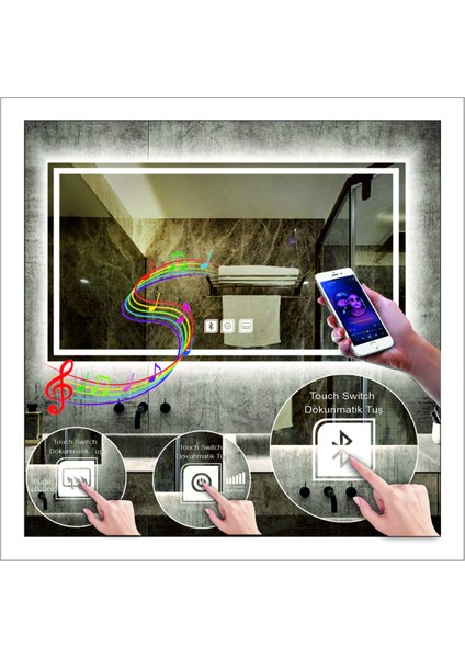 70X100 cm Beyaz Ledli Tasarım Kumlamalı Dokunmatik Bluetoothlu Buğu Önleyicili Makyaj Banyo Aynası