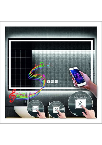 70X100 cm Beyaz Ledli Tasarım Kumlamalı Dokunmatik Bluetoothlu Buğu Önleyicili Makyaj Banyo Aynası