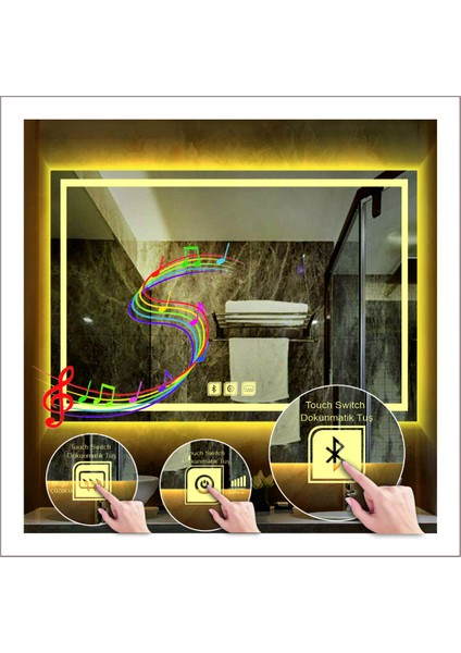 70X100 cm Beyaz Ledli Tasarım Kumlamalı Dokunmatik Bluetoothlu Buğu Önleyicili Makyaj Banyo Aynası