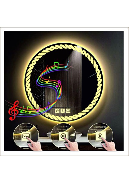 80 cm Beyaz Ledli Tasarım Kumlamalı Dokunmatik Bluetoothlu Buğu Önleyicili Banyo Aynası Makyaj Ayna modelleri