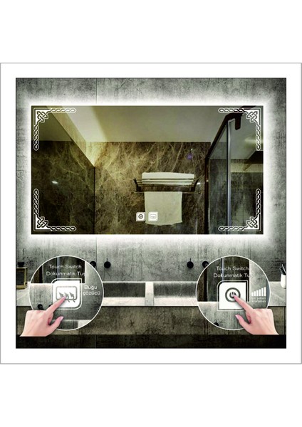80X120 cm Beyaz Ledli Tasarım Kumlamalı Dokunmatik Tuşlu Buğu Önleyicili Banyo Aynası Makyaj Aynası