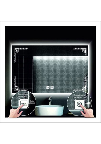80X120 cm Beyaz Ledli Tasarım Kumlamalı Dokunmatik Tuşlu Buğu Önleyicili Banyo Aynası Makyaj Aynası