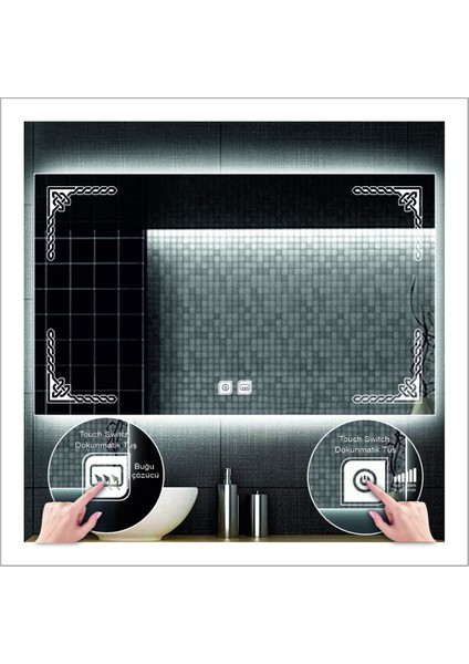 80X120 cm Beyaz Ledli Tasarım Kumlamalı Dokunmatik Tuşlu Buğu Önleyicili Banyo Aynası Makyaj Aynası