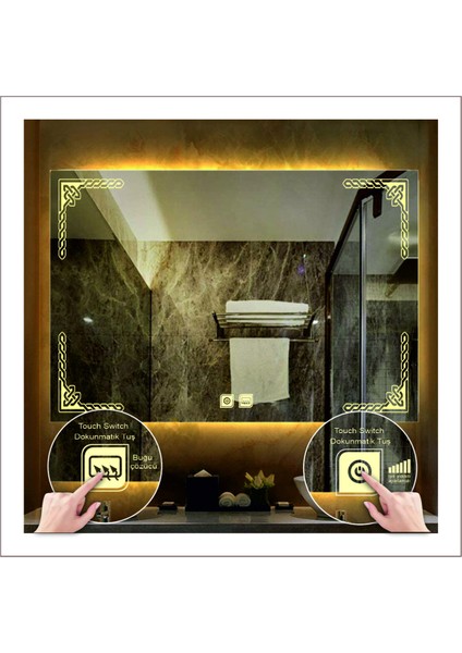 80X120 cm Beyaz Ledli Tasarım Kumlamalı Dokunmatik Tuşlu Buğu Önleyicili Banyo Aynası Makyaj Aynası