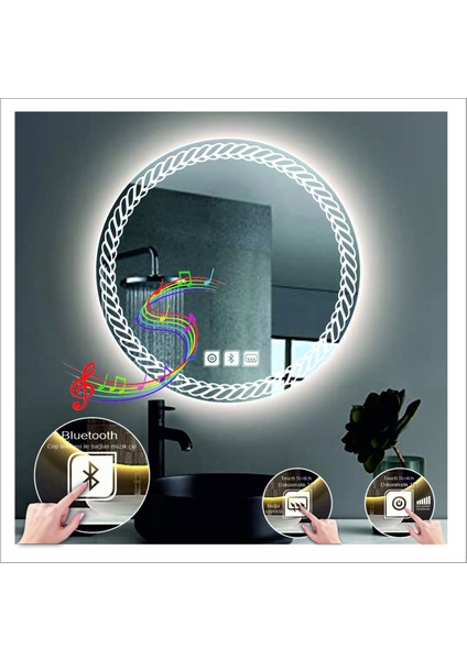 50 cm Beyaz Ledli Tasarım Kumlamalı Dokunmatik Bluetoothlu Buğu Önleyicili Banyo Aynası Makyaj Ayna fiyatları